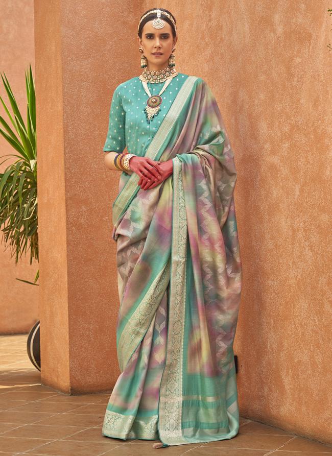 Pv Silk Teal Party Wear Printed Saree